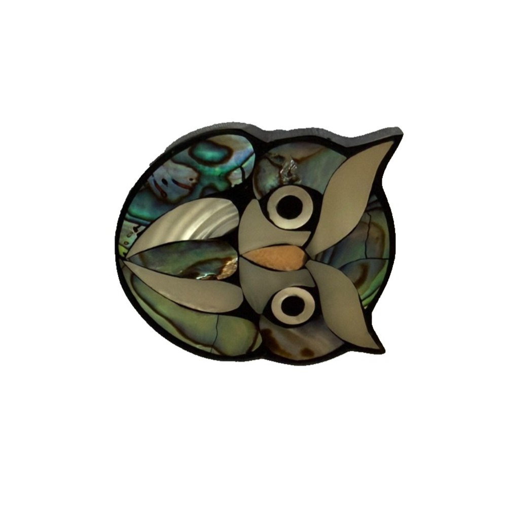 Vintage Lee Sands Owl Brooch Abalone Mother of Pearl Shell Mosaic Inlay Pin - Picture 3 of 7